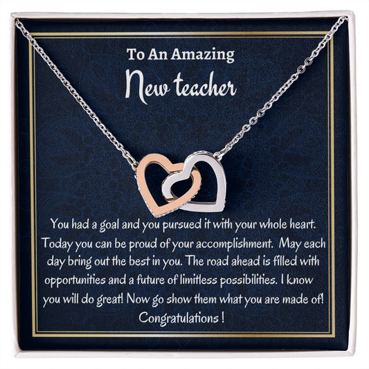 To An Amazing New Teacher Interlocking Hearts Necklace, Teacher Graduation Gift, Graduation Gift For Her, New Teacher Appreciation Gift, Professional Gift. Women Jewelry.