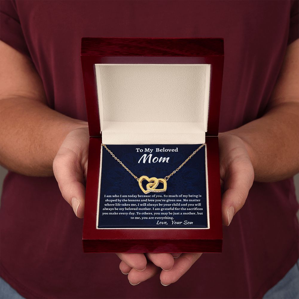 To My Beloved Mom Interlocking Hearts Necklace, Birthday Gift For Beloved Mom, Beloved  Mom Valentine Gift, Son To Mom Gift