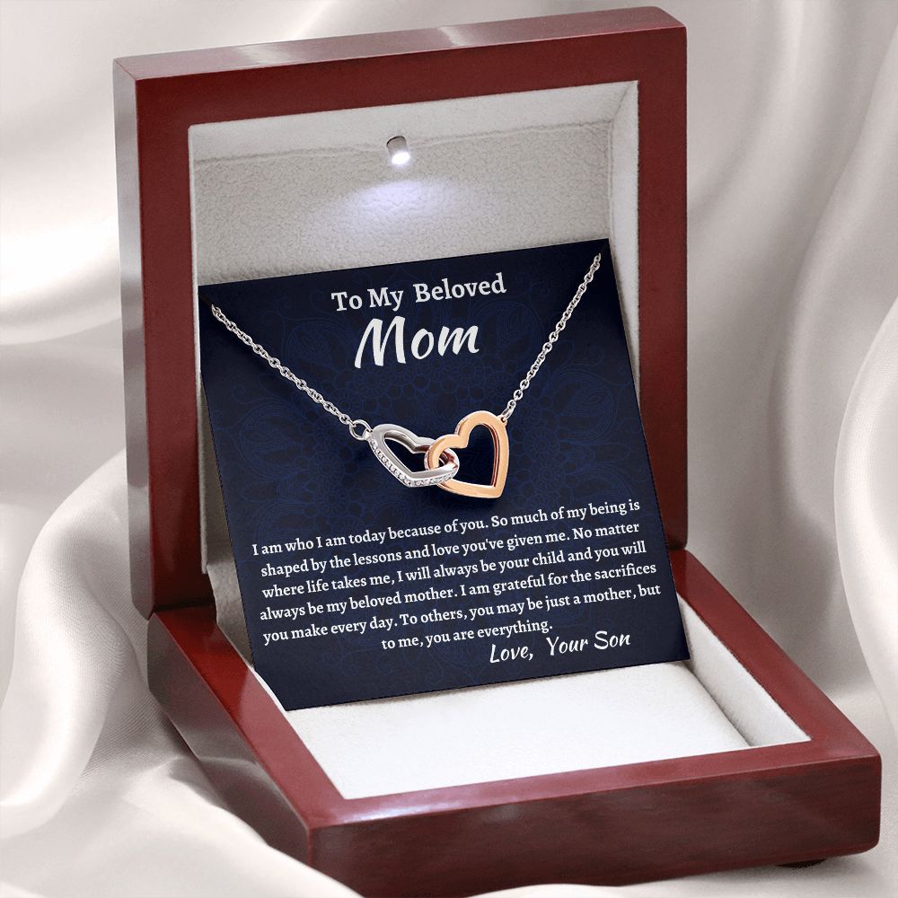 To My Beloved Mom Interlocking Hearts Necklace, Birthday Gift For Beloved Mom, Beloved  Mom Valentine Gift, Son To Mom Gift