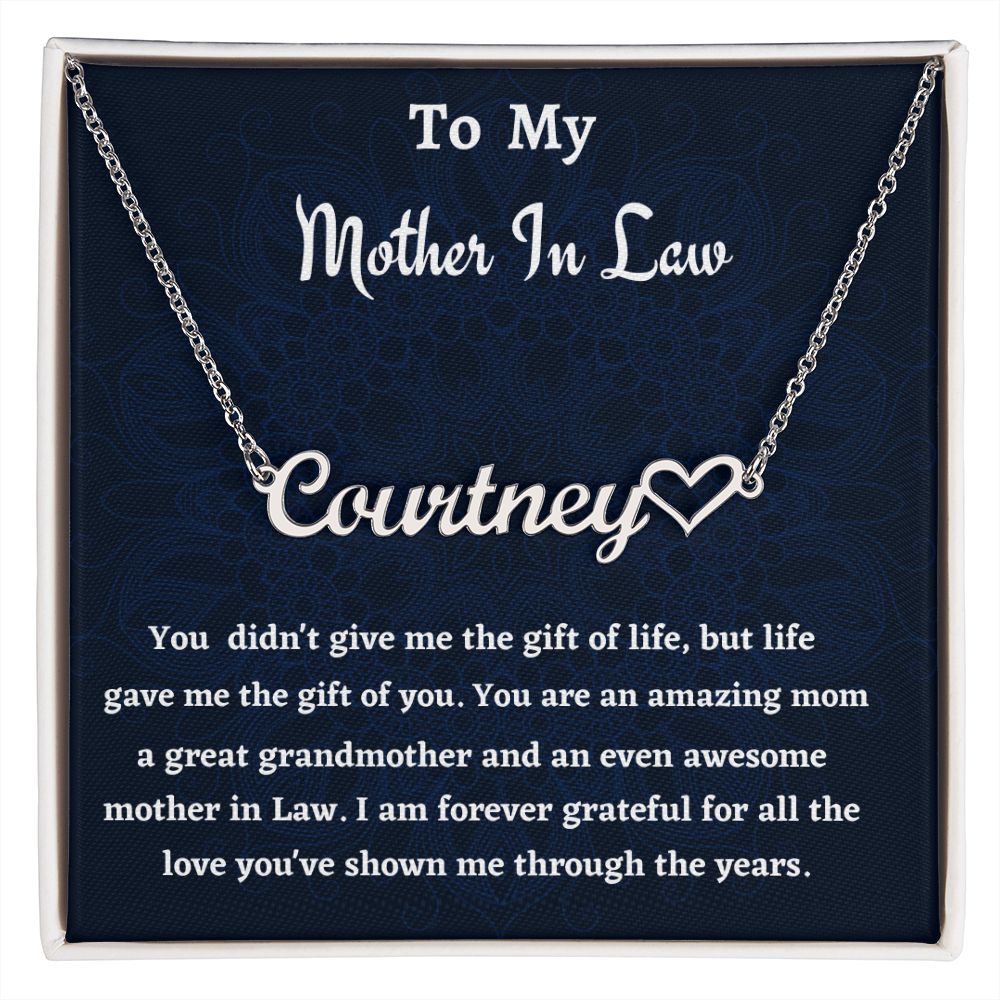 To My Mother In Law Heart Name Necklace, Birthday Gift For An Amazing Mother In Law, Wedding Anniversary Gift, Gift From Daughter In Law.