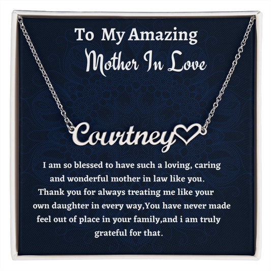 To My Amazing Mother In Love Heart Name Necklace, Birthday Gift or An Amazing Mother In Love,  Wedding Anniversary Gift, Mothers Day Gift, Gift From Bonus Daughter