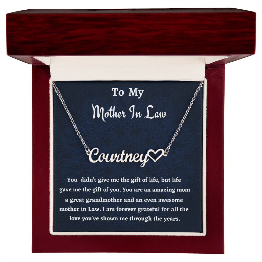 To My Mother In Law Heart Name Necklace, Birthday Gift For An Amazing Mother In Law, Wedding Anniversary Gift, Gift From Daughter In Law.