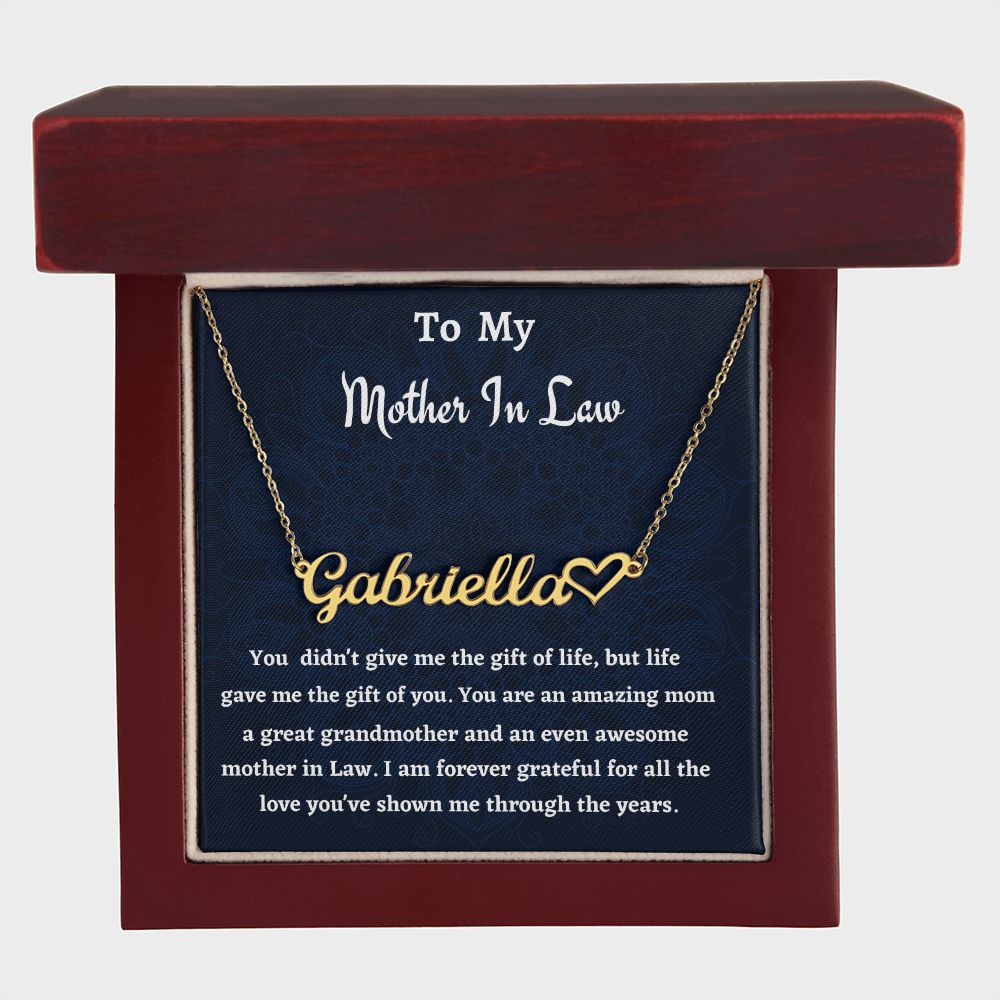 To My Mother In Law Heart Name Necklace, Birthday Gift For An Amazing Mother In Law, Wedding Anniversary Gift, Gift From Daughter In Law.