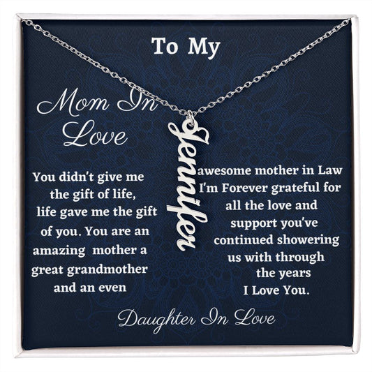 To My Mom In Love Vertical Name Necklace, Birthday Gift For Mother In Law, Wedding Anniversary Gift, Meaningful Gift For Her, Gift From Daughter In Love.