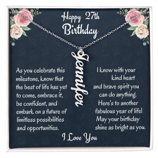 Happy 27th Birthday Personalized Vertical Name Necklace, Custom Name Necklace Gift, Birthday Gift For  A 27 years Old, Unique Necklace Gift, Gift From Boyfriend.