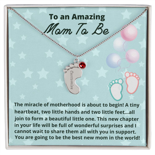 To An Amazing Mom To Be Custom Baby Feet Necklace, Engraved Baby Feet Necklace With Birthstone, Gift For New Mom, First Time Mom To Be Gift.