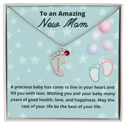To An Amazing New Mom Custom Baby Feet Necklace, Engraved Baby Feet Necklace, Gift For New Mom, First Time Mom To Be Gift.
