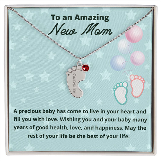 To An Amazing New Mom Custom Baby Feet Necklace, Engraved Baby Feet Necklace, Gift For New Mom, First Time Mom To Be Gift.