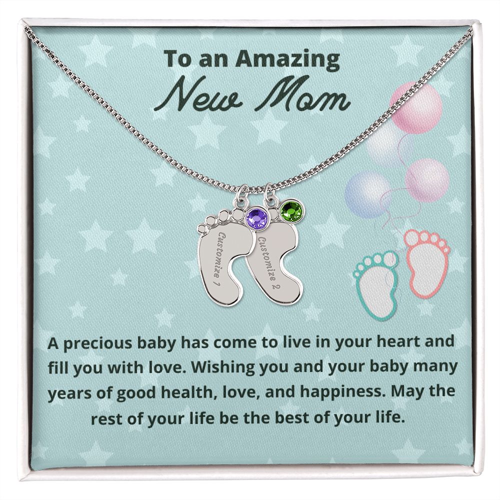 To An Amazing New Mom Custom Baby Feet Necklace, Engraved Baby Feet Necklace, Gift For New Mom, First Time Mom To Be Gift.