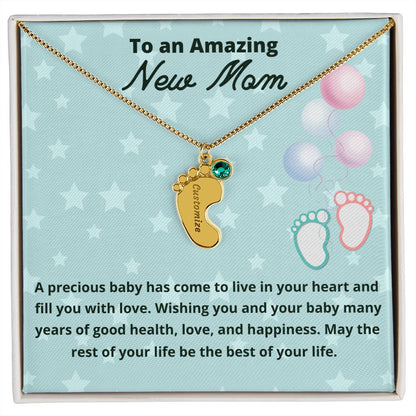 To An Amazing New Mom Custom Baby Feet Necklace, Engraved Baby Feet Necklace, Gift For New Mom, First Time Mom To Be Gift.