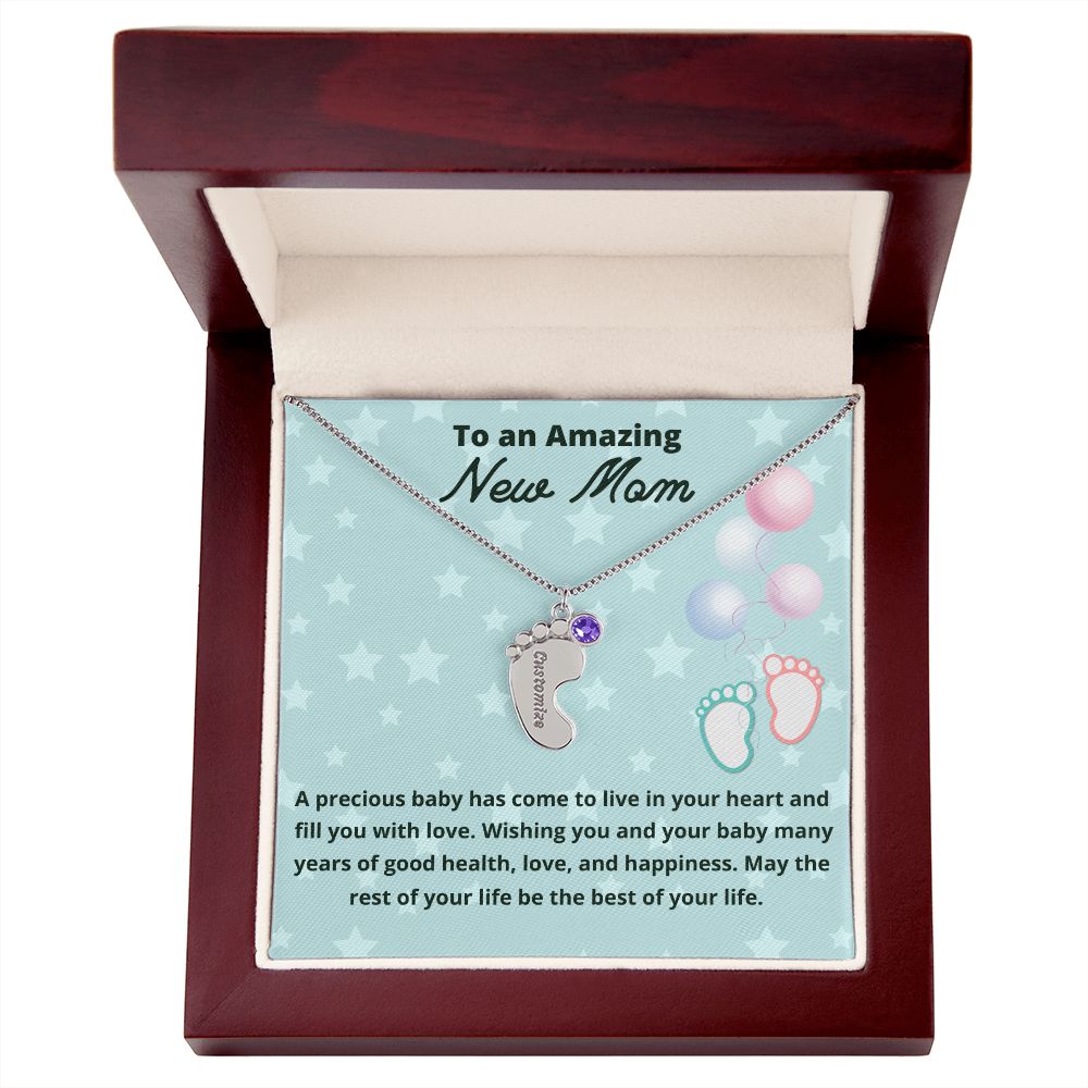 To An Amazing New Mom Custom Baby Feet Necklace, Engraved Baby Feet Necklace, Gift For New Mom, First Time Mom To Be Gift.