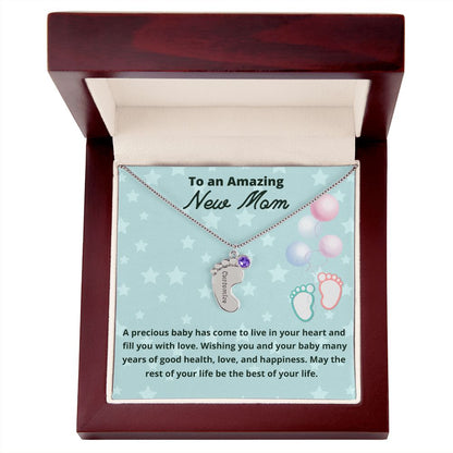 To An Amazing New Mom Custom Baby Feet Necklace, Engraved Baby Feet Necklace, Gift For New Mom, First Time Mom To Be Gift.
