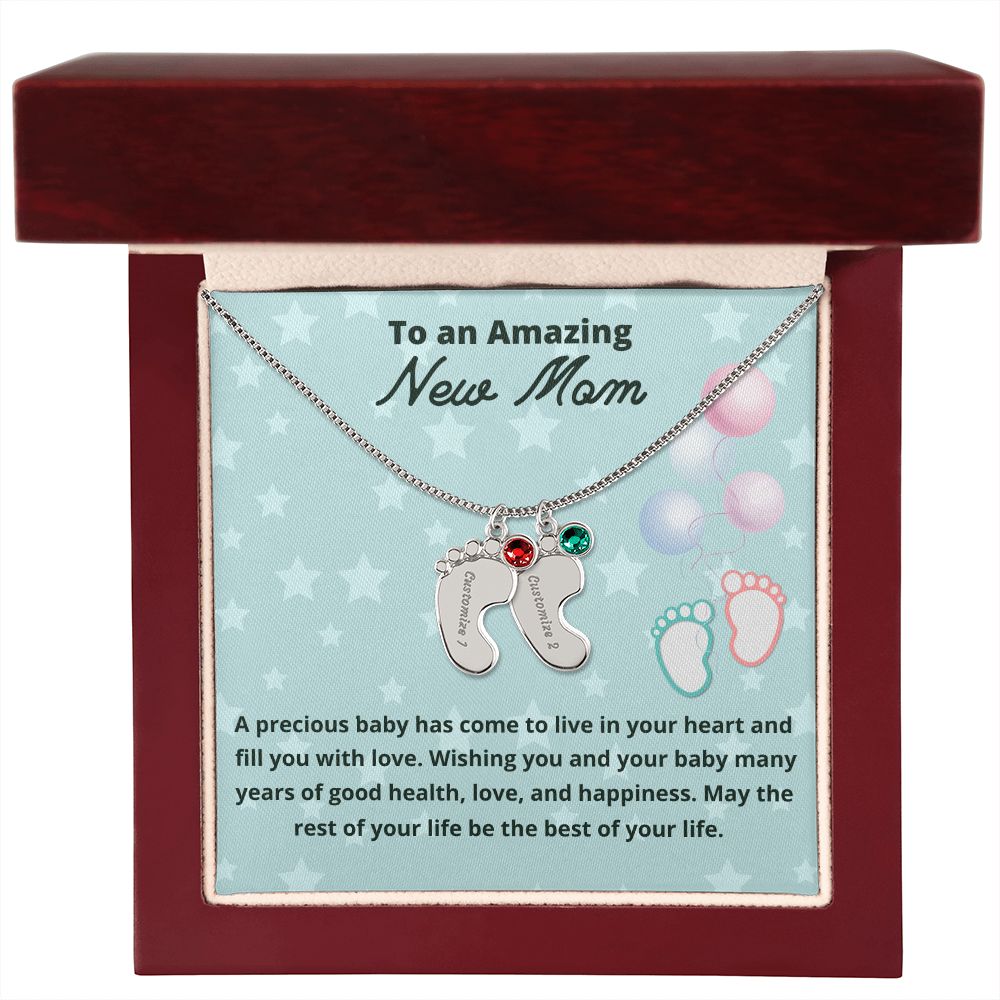 To An Amazing New Mom Custom Baby Feet Necklace, Engraved Baby Feet Necklace, Gift For New Mom, First Time Mom To Be Gift.