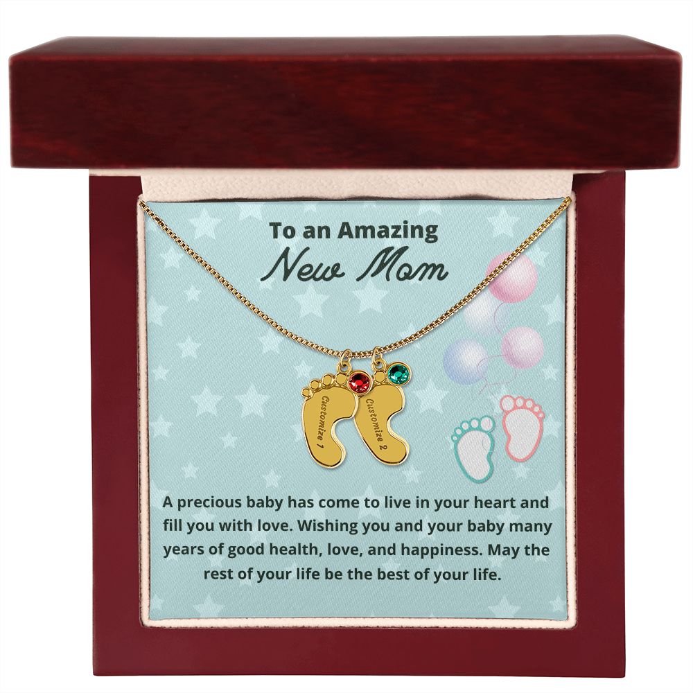 To An Amazing New Mom Custom Baby Feet Necklace, Engraved Baby Feet Necklace, Gift For New Mom, First Time Mom To Be Gift.