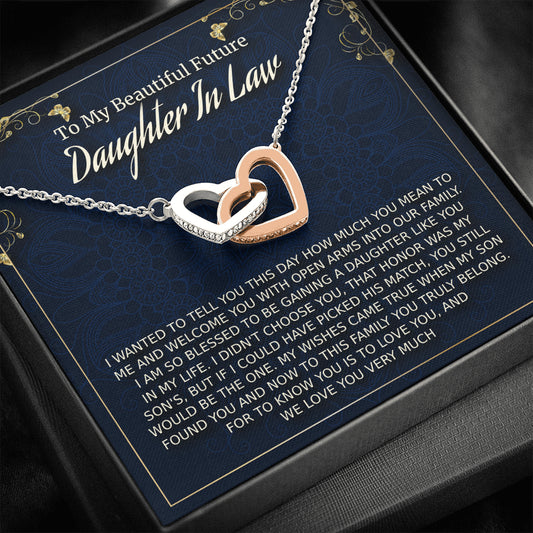 Future Daughter-In-Law Gift on Wedding Day, Two Hearts Necklace, Bride Gift from Mother in Law, Bonus Daughter, Daughter in Love Jewelry