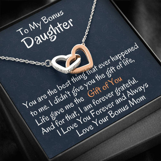 To My Bonus Daughter Interlocking Hearts Necklace, Birthday Gift, I Love You