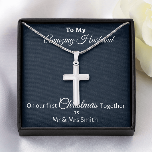 To My Husband Men’s Cross Necklace, Personalized Husband Gift On Our First Christmas Together Gift From Wife, Gift For Him