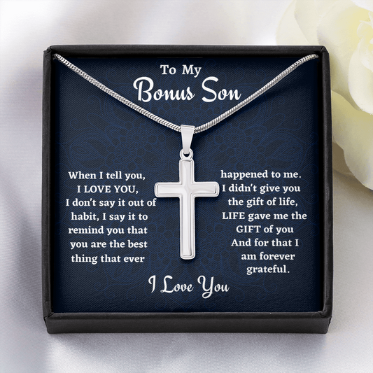 Stepson Gift Men’s Cross Necklace, To My Bonus Son Necklace Gift, Bonus Son Birthday Gift, Gift From Stepdad or Stepmom, Christmas Gift