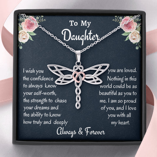 To My Daughter Dragonfly Necklace, Birthday Gift, Christmas Present From Mom To Daughter, Always Know Your Self Worth Dragonfly Necklace