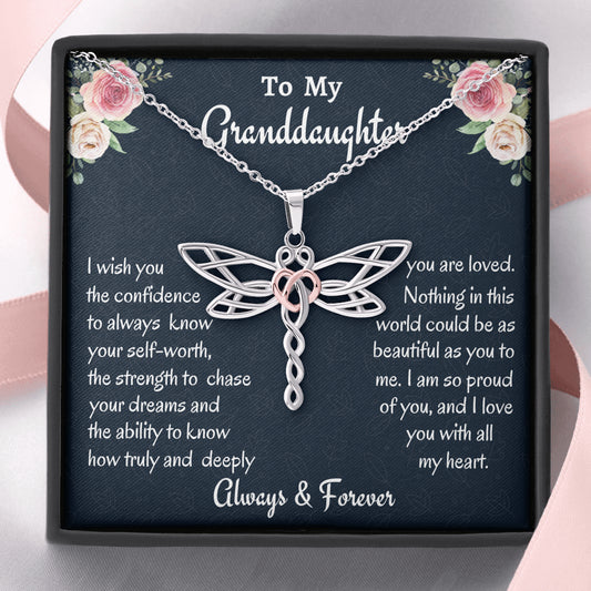 To My Granddaughter Dragonfly Necklace, Birthday Gift, Christmas Present From Grandma To Granddaughter, Always Know Your Self Worth Dragonfly Necklace
