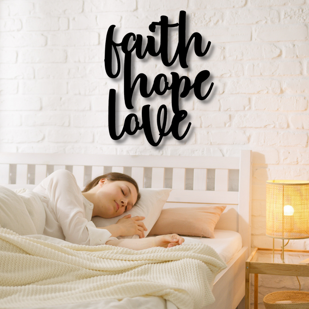 Faith Hope and Love Metal Wall Sign, Christian Metal Wall Art, Home warming Gift, Wedding Gift, Religious Gift, Indoor Outdoor Sign, Cabin Metal Love Script Sign