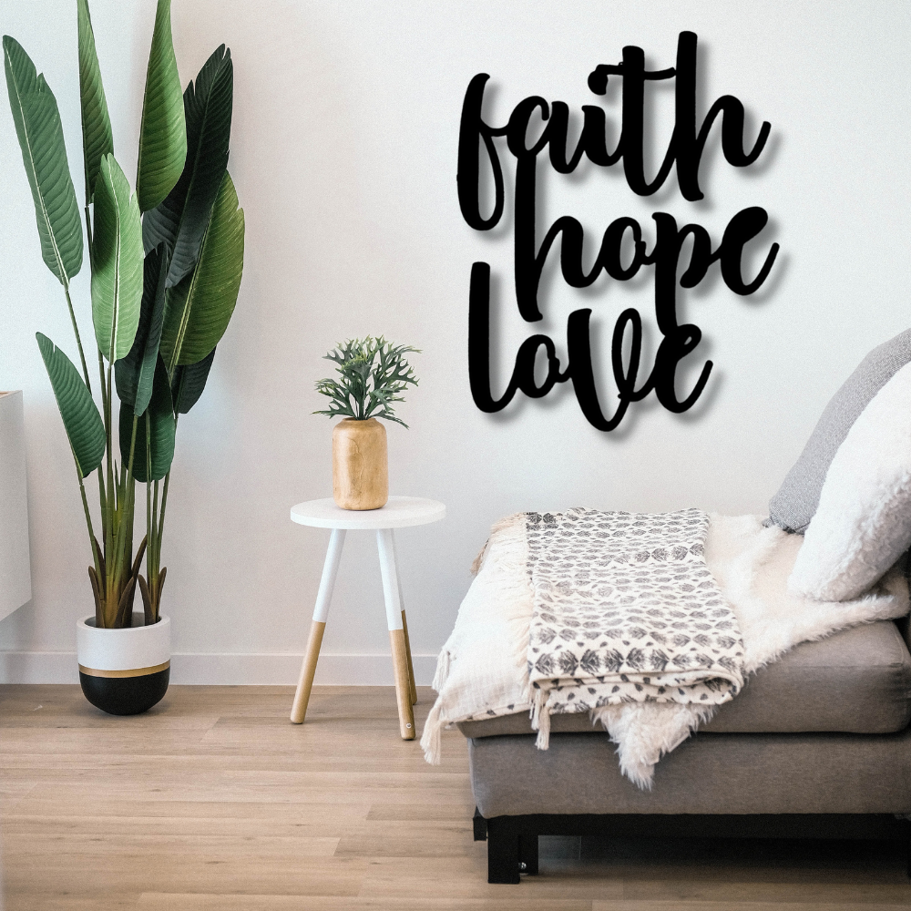 Faith Hope and Love Metal Wall Sign, Christian Metal Wall Art, Home warming Gift, Wedding Gift, Religious Gift, Indoor Outdoor Sign, Cabin Metal Love Script Sign