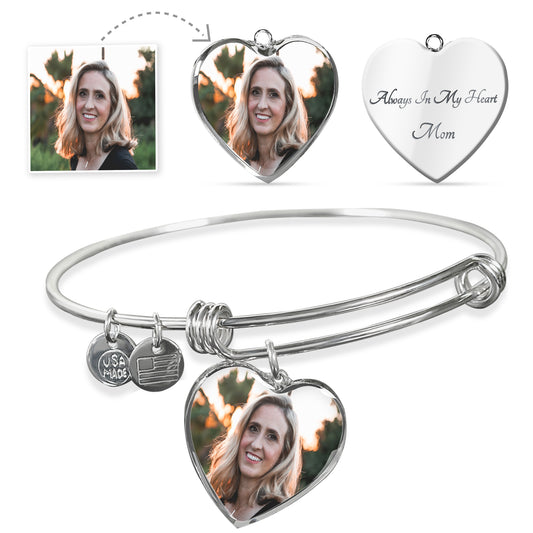 Photo Engraved Memorial Heart Pendant Bangle